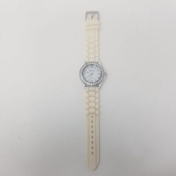Geneva Platinum 6886 Watch Rhinestone Bezel Cream Silicone Band Stainless Steel - Picture 8 of 12
